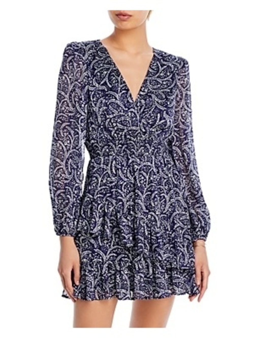 AQUA Tiered Ruffle Mini Dress Feminine Boho Shimmer Metallic Navy Floral M